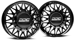 The Mesh 8 black Super Single wheel with bullet design by DDC Wheels