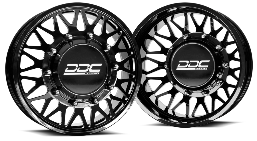 The Mesh 8 black Super Single wheel with bullet design by DDC Wheels